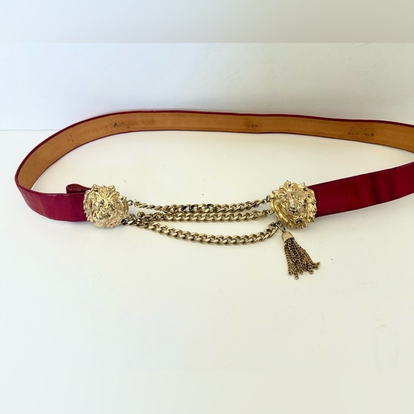 Vintage 80s Accessocraft NYC Signed Gold Lion Head Chain Tassel Buckle Belt - Picture 2 of 11